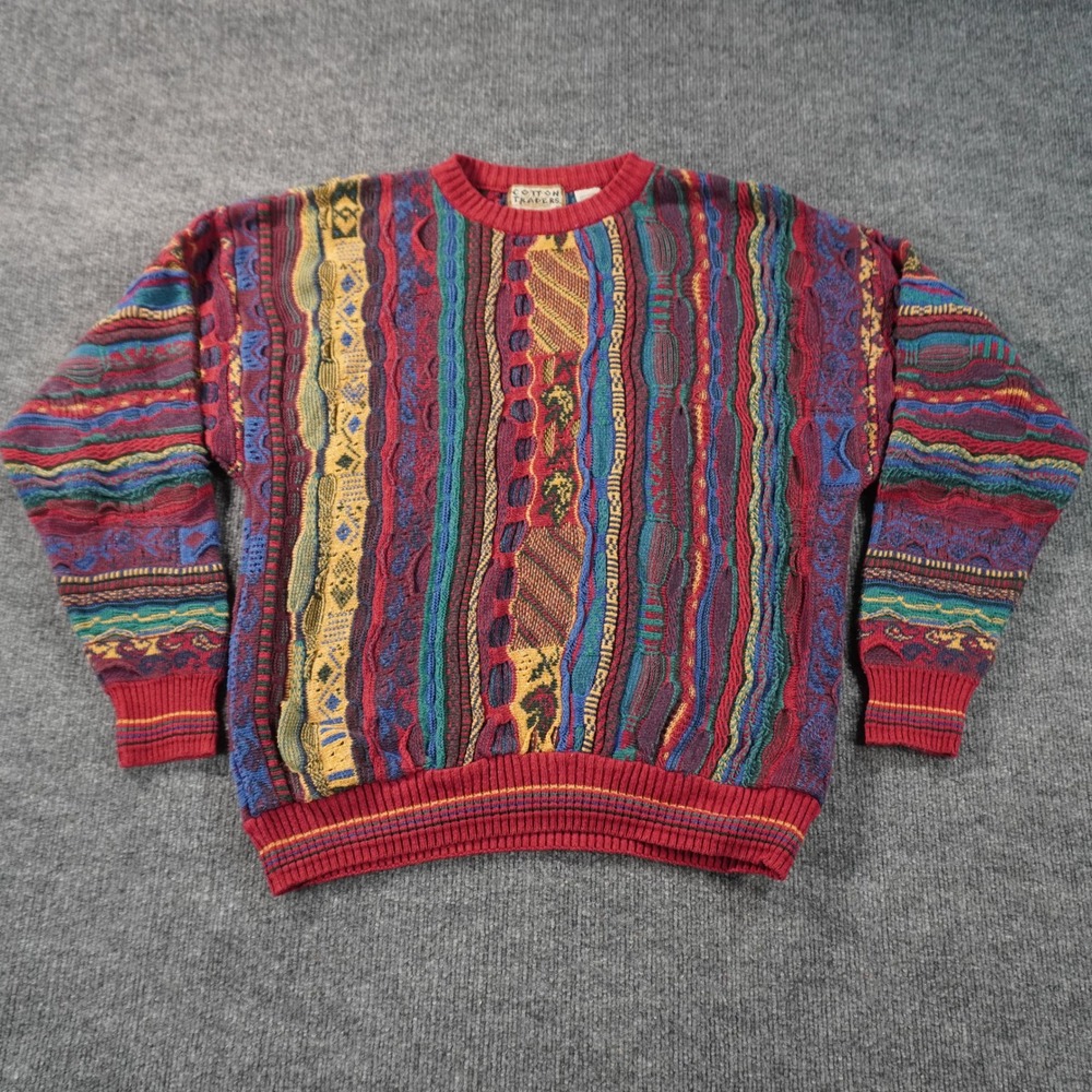 Cotton Traders Sweater Mens Medium Multicolor 3D Textured Knit Coogi 90s Style